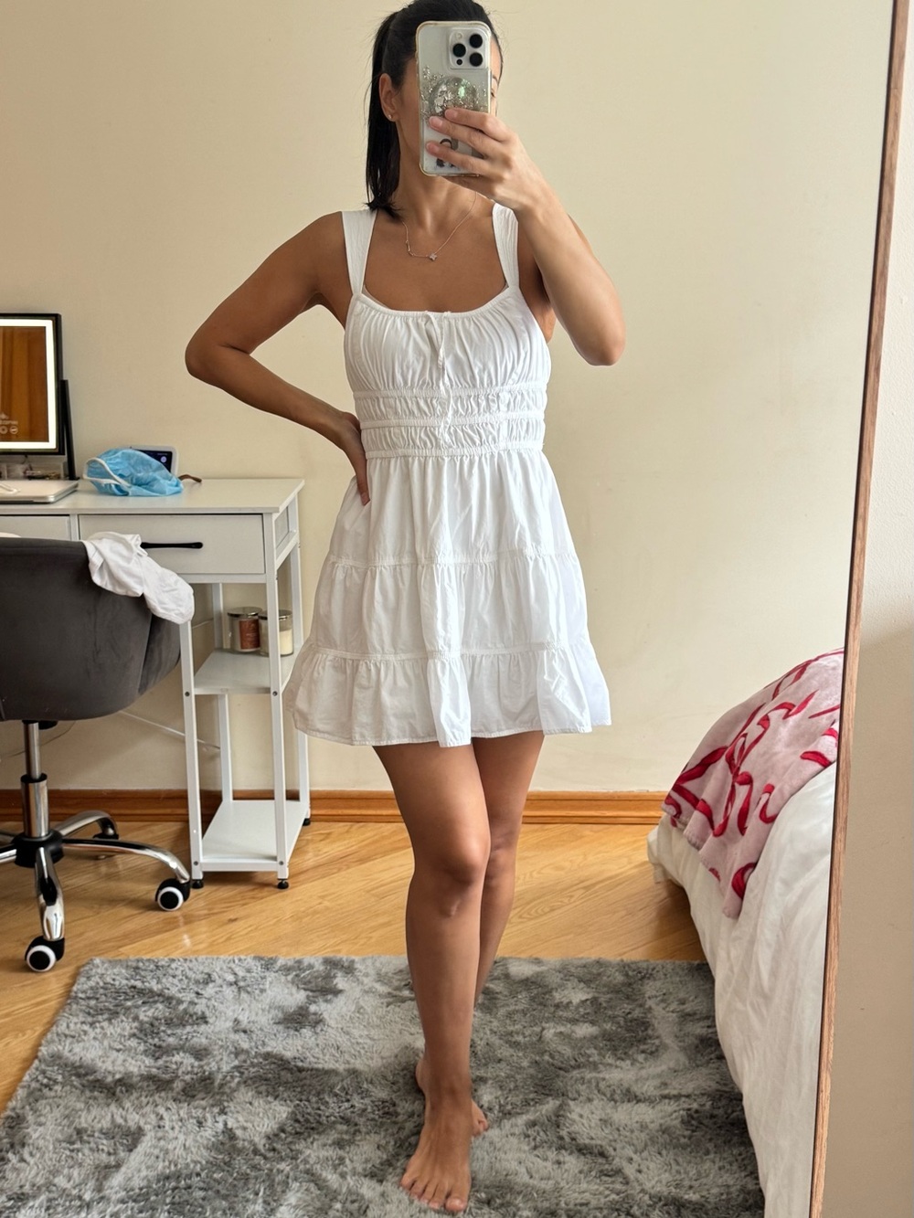 Aritzia White Smocked Tiered Mini Sundress